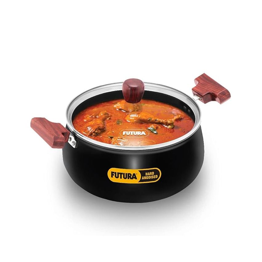 Hawkins Futura 4 Litre Cook n Serve Handi, Hard Anodised Biryani Handi with Glass Lid, Saucepan, Sauce Pan, Black (ACH40G)