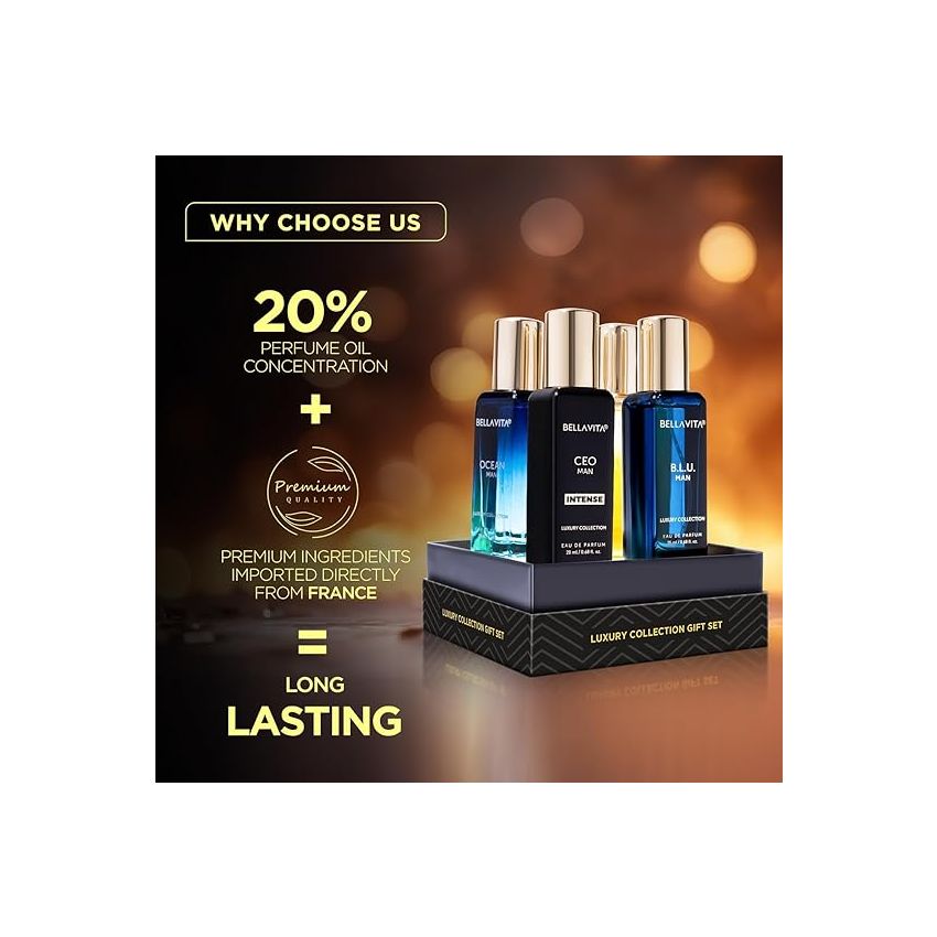Bella Vita Luxury Collection Eau De Parfum Gift Set 4 x 20ml for Men with OUD GOLD, OCEAN, B.L.U & CEO Man Perfume|Long Lasting EDP Fragrance Scent