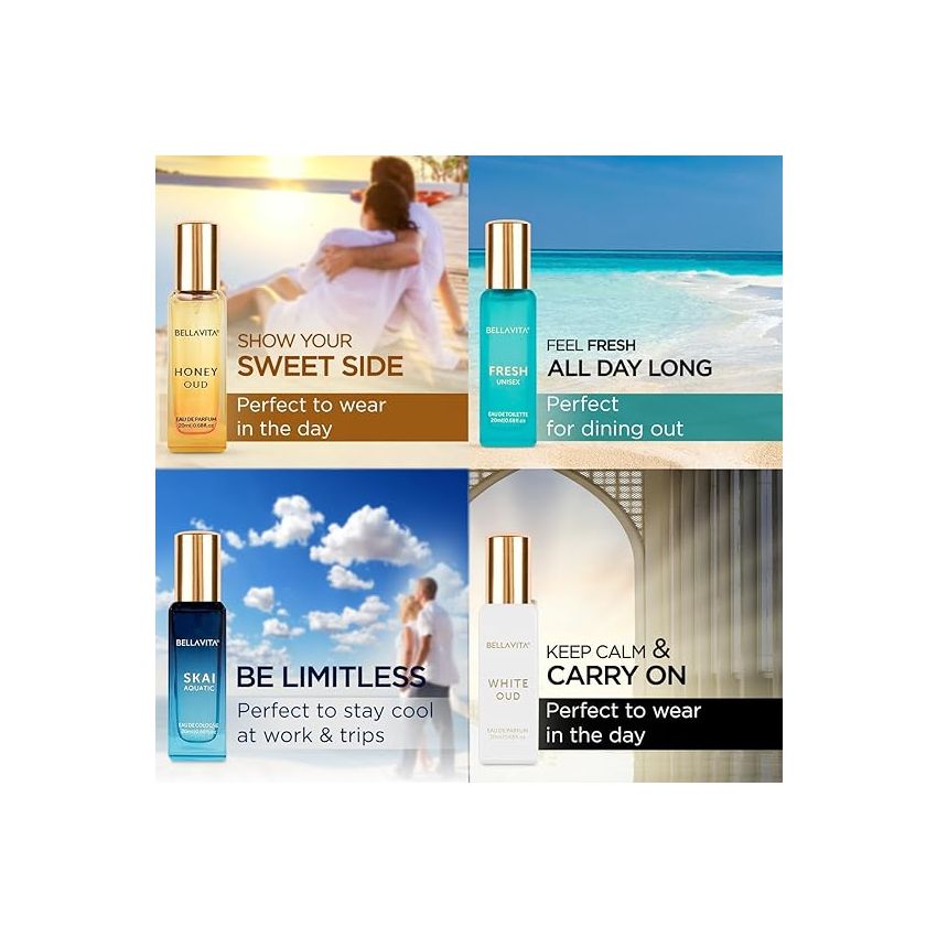 Bella Vita Luxury Unisex Eau De Parfum Gift Set 4 x 20ml for Men & Women with SKAI, FRESH, WHITEOUD, HONEY OUD Perfume|Long Lasting EDP Fragrance Scent