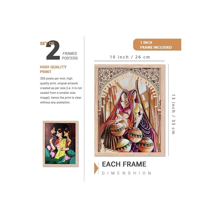 kotart Traditional Woman Painting with Frame for Home Decoration - Madhubani Art Painting for Living Room Bedroom Office Room Wall Decor - Pack of 2 (Medium, Modern Art Painting, Design04)