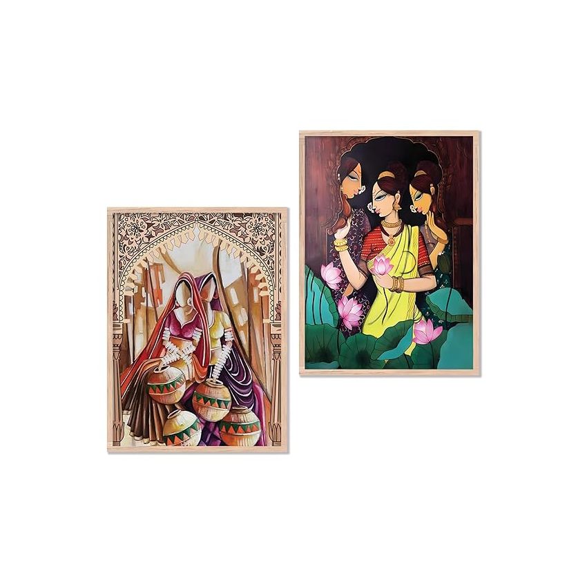 kotart Traditional Woman Painting with Frame for Home Decoration - Madhubani Art Painting for Living Room Bedroom Office Room Wall Decor - Pack of 2 (Medium, Modern Art Painting, Design04)