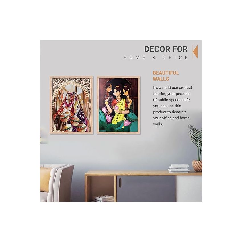 kotart Traditional Woman Painting with Frame for Home Decoration - Madhubani Art Painting for Living Room Bedroom Office Room Wall Decor - Pack of 2 (Medium, Modern Art Painting, Design04)
