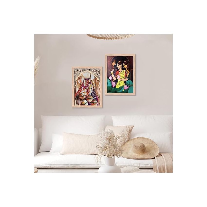 kotart Traditional Woman Painting with Frame for Home Decoration - Madhubani Art Painting for Living Room Bedroom Office Room Wall Decor - Pack of 2 (Medium, Modern Art Painting, Design04)