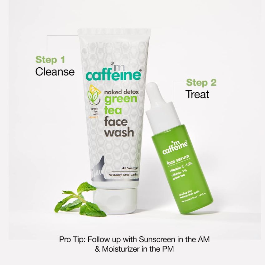 mCaffeine Green Tea & Vitamin C Daily Face Glow Duo with Face Wash and Face Serum | Cleanses, Reduces Dark spots & Pigmentation | 2 Step Daily Routine for Women & Men | 130ml