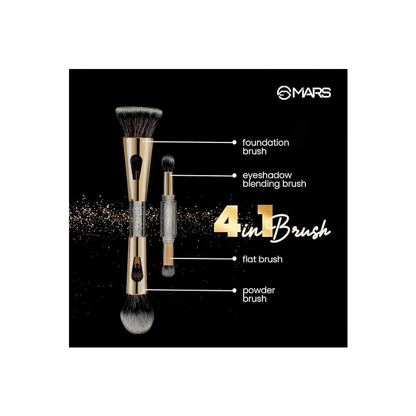 MARS 4 in 1 Travel Brush with Foundation Brush, Powder Brush, Eyeshadow Blending Brush & Flat Brush | Soft Bristles Makeup Brushes Set for Women