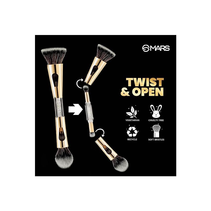 MARS 4 in 1 Travel Brush with Foundation Brush, Powder Brush, Eyeshadow Blending Brush & Flat Brush | Soft Bristles Makeup Brushes Set for Women