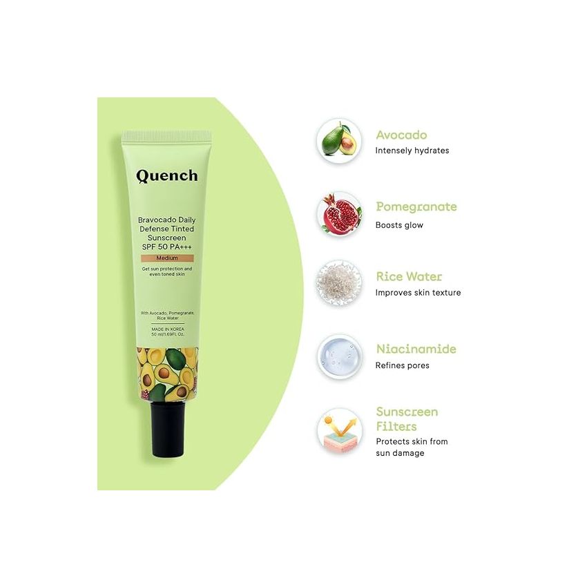 QUENCH BOTANICS Daily Defense Tinted Sunscreen Spf 50 Pa+++ For Glowing Skin With Avocado & 2% Niacinamide Blue Light Protection Satin-Matte Finish Made In Korea Medium, 50Ml | For Normal Skin