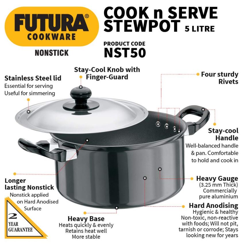Hawkins Futura 5 Litre Cook n Serve Stewpot, Non Stick Pot with Stainless Steel Lid, Cooking Pot with Lid, Black (NST50)