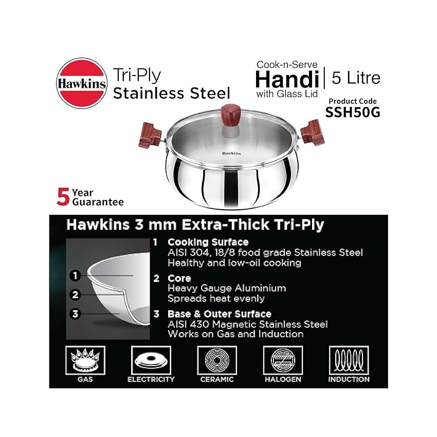 Hawkins 5 Litre Cook n Serve Handi, Triply Stainless Steel Handi with Glass Lid, Induction Sauce Pan, Biryani Handi, Saucepan, Silver (SSH50G)