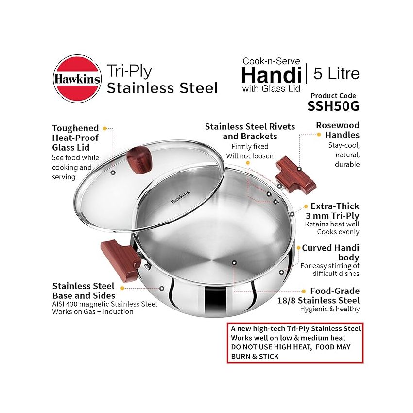 Hawkins 5 Litre Cook n Serve Handi, Triply Stainless Steel Handi with Glass Lid, Induction Sauce Pan, Biryani Handi, Saucepan, Silver (SSH50G)