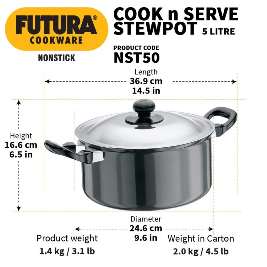 Hawkins Futura 5 Litre Cook n Serve Stewpot, Non Stick Pot with Stainless Steel Lid, Cooking Pot with Lid, Black (NST50)
