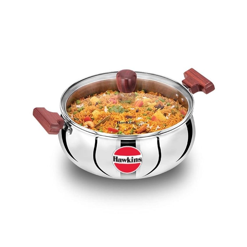 Hawkins 5 Litre Cook n Serve Handi, Triply Stainless Steel Handi with Glass Lid, Induction Sauce Pan, Biryani Handi, Saucepan, Silver (SSH50G)