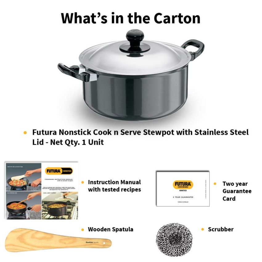 Hawkins Futura 5 Litre Cook n Serve Stewpot, Non Stick Pot with Stainless Steel Lid, Cooking Pot with Lid, Black (NST50)