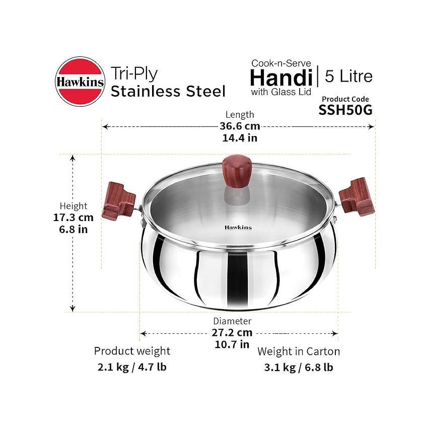 Hawkins 5 Litre Cook n Serve Handi, Triply Stainless Steel Handi with Glass Lid, Induction Sauce Pan, Biryani Handi, Saucepan, Silver (SSH50G)
