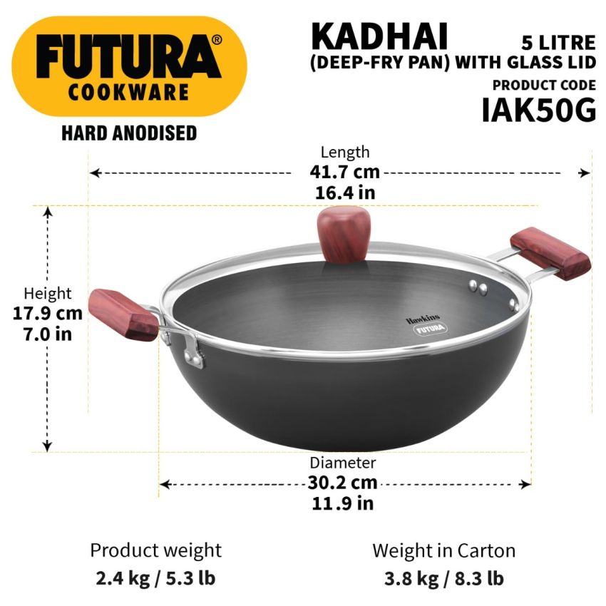 Hawkins Futura 5 Litre Deep Fry Pan, Induction Kadhai, Hard Anodised Kadai with Glass Lid, Black (IAK50G)