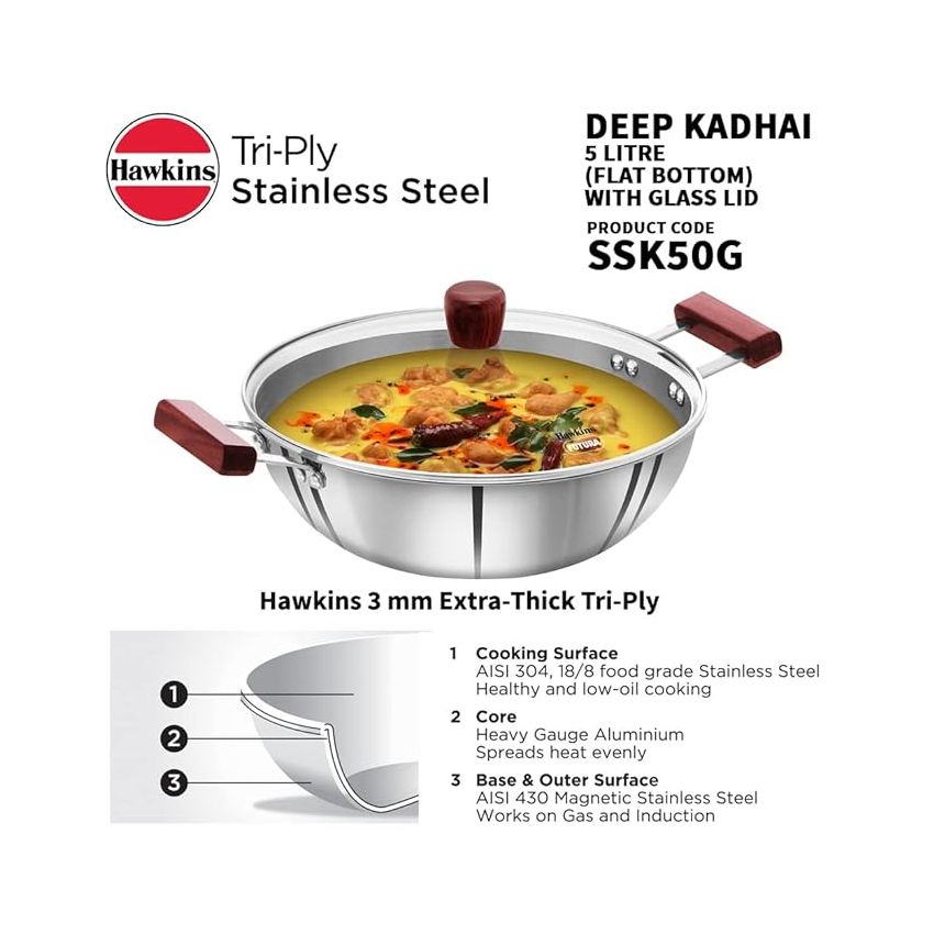 Hawkins 5 Litre Deep Kadhai, Triply Stainless Steel Kadai with Glass Lid, Flat Bottom Induction Deep Kadhai, Big Kadai, Silver (SSK50G)