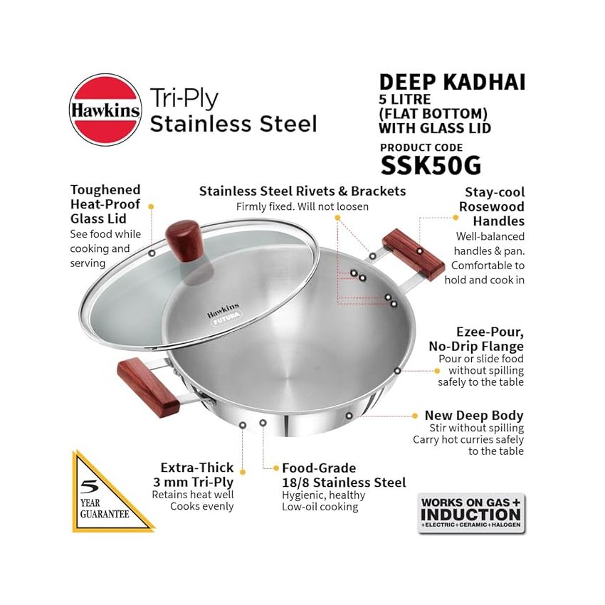 Hawkins 5 Litre Deep Kadhai, Triply Stainless Steel Kadai with Glass Lid, Flat Bottom Induction Deep Kadhai, Big Kadai, Silver (SSK50G)