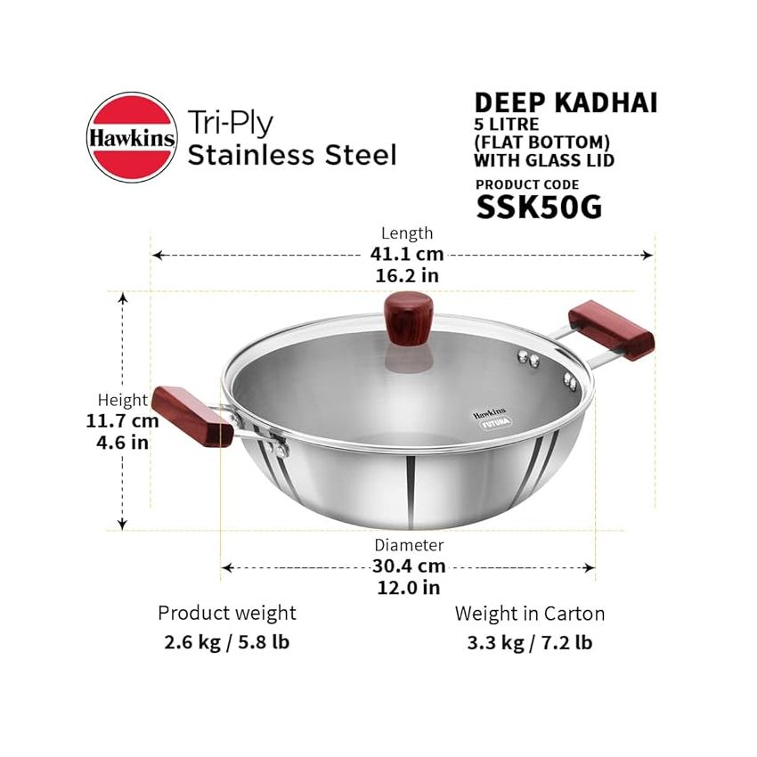 Hawkins 5 Litre Deep Kadhai, Triply Stainless Steel Kadai with Glass Lid, Flat Bottom Induction Deep Kadhai, Big Kadai, Silver (SSK50G)