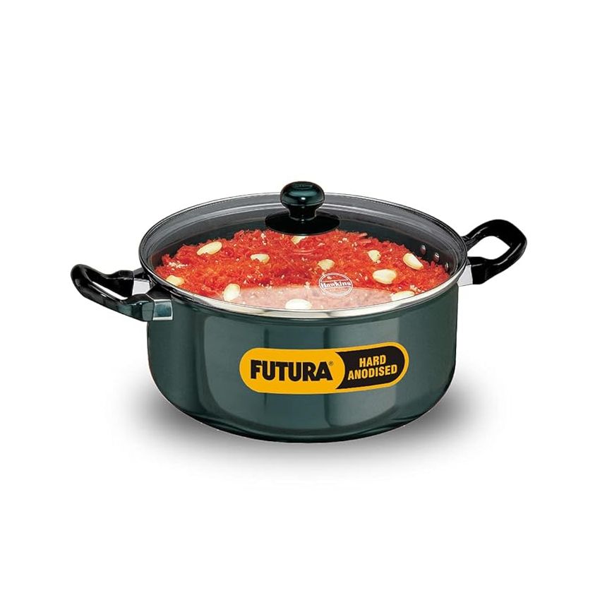 Hawkins Futura 5 Litre Cook n Serve Stewpot, Hard Anodised Sauce Pan with Glass Lid, Cooking Pot with Two Handles, Black (AST50G)