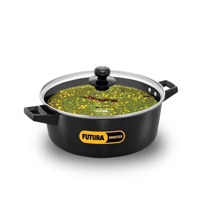 Hawkins Futura 5 Litre Cook n Serve Casserole, Non Stick Saucepan with Glass Lid, Induction Sauce Pan for Cooking and Serving, Black (INCB50G)