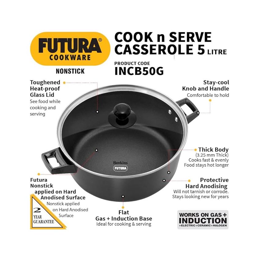 Hawkins Futura 5 Litre Cook n Serve Casserole, Non Stick Saucepan with Glass Lid, Induction Sauce Pan for Cooking and Serving, Black (INCB50G)