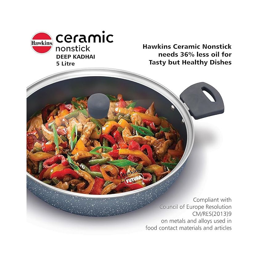 Hawkins Ceramic Nonstick 5 Litre Deep Kadhai, Induction Deep Fry Pan with Glass Lid, Granite Kadai (ICK50G)