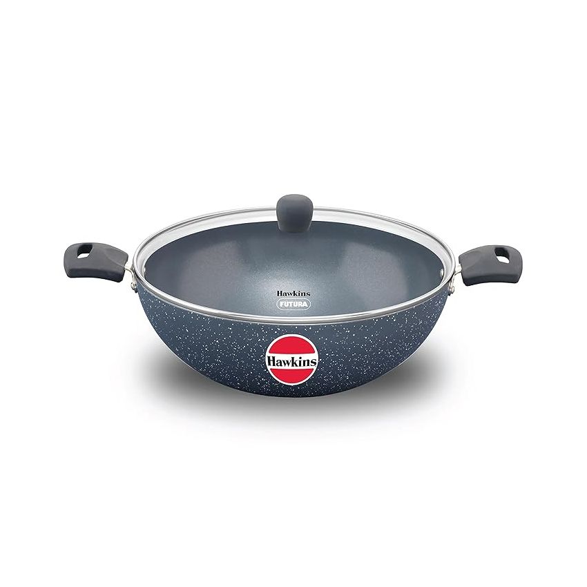 Hawkins Ceramic Nonstick 5 Litre Deep Kadhai, Induction Deep Fry Pan with Glass Lid, Granite Kadai (ICK50G)