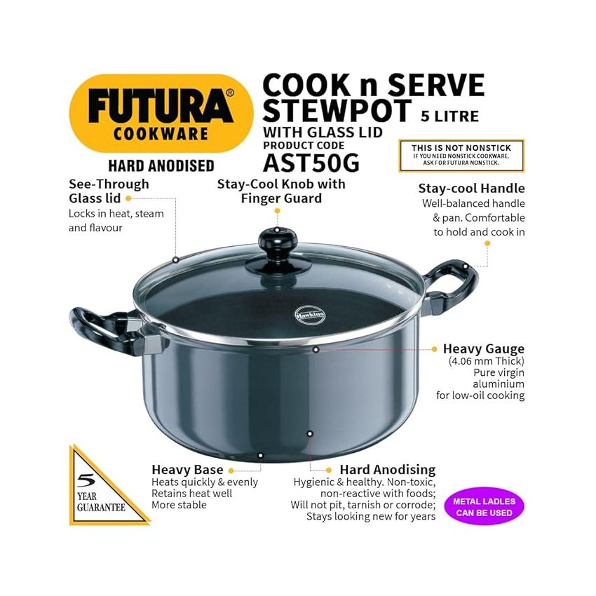 Hawkins Futura 5 Litre Cook n Serve Stewpot, Hard Anodised Sauce Pan with Glass Lid, Cooking Pot with Two Handles, Black (AST50G)