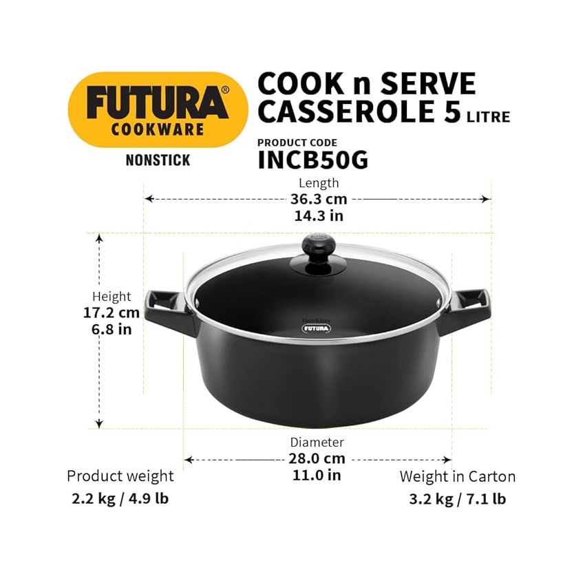 Hawkins Futura 5 Litre Cook n Serve Casserole, Non Stick Saucepan with Glass Lid, Induction Sauce Pan for Cooking and Serving, Black (INCB50G)