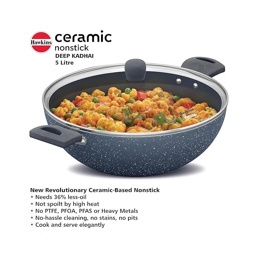 Hawkins Ceramic Nonstick 5 Litre Deep Kadhai, Induction Deep Fry Pan with Glass Lid, Granite Kadai (ICK50G)