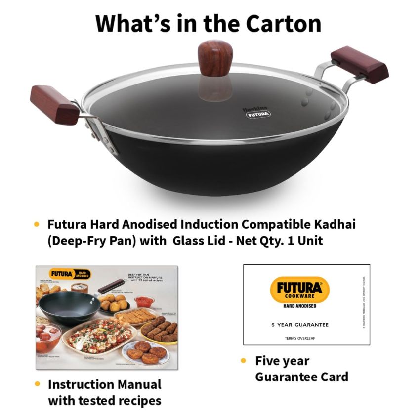 Hawkins Futura 5 Litre Deep Fry Pan, Induction Kadhai, Hard Anodised Kadai with Glass Lid, Black (IAK50G)