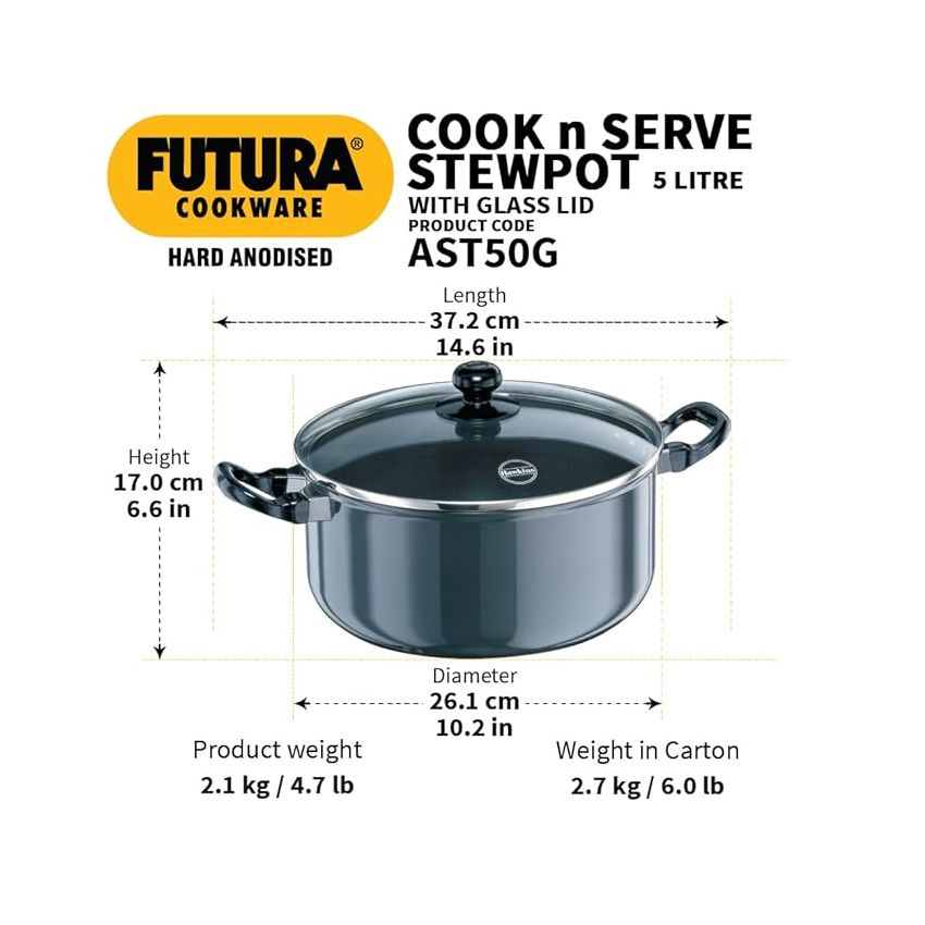 Hawkins Futura 5 Litre Cook n Serve Stewpot, Hard Anodised Sauce Pan with Glass Lid, Cooking Pot with Two Handles, Black (AST50G)
