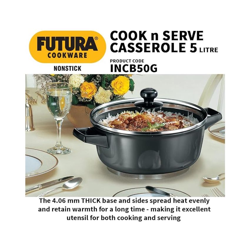 Hawkins Futura 5 Litre Cook n Serve Casserole, Non Stick Saucepan with Glass Lid, Induction Sauce Pan for Cooking and Serving, Black (INCB50G)