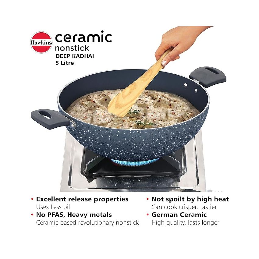 Hawkins Ceramic Nonstick 5 Litre Deep Kadhai, Induction Deep Fry Pan with Glass Lid, Granite Kadai (ICK50G)