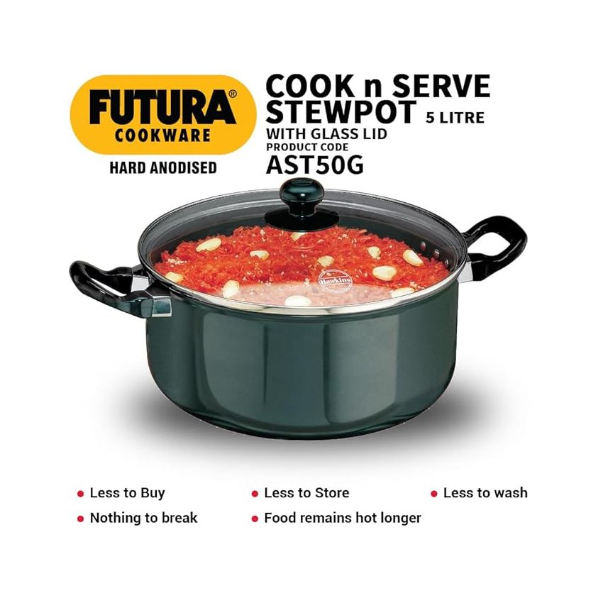 Hawkins Futura 5 Litre Cook n Serve Stewpot, Hard Anodised Sauce Pan with Glass Lid, Cooking Pot with Two Handles, Black (AST50G)