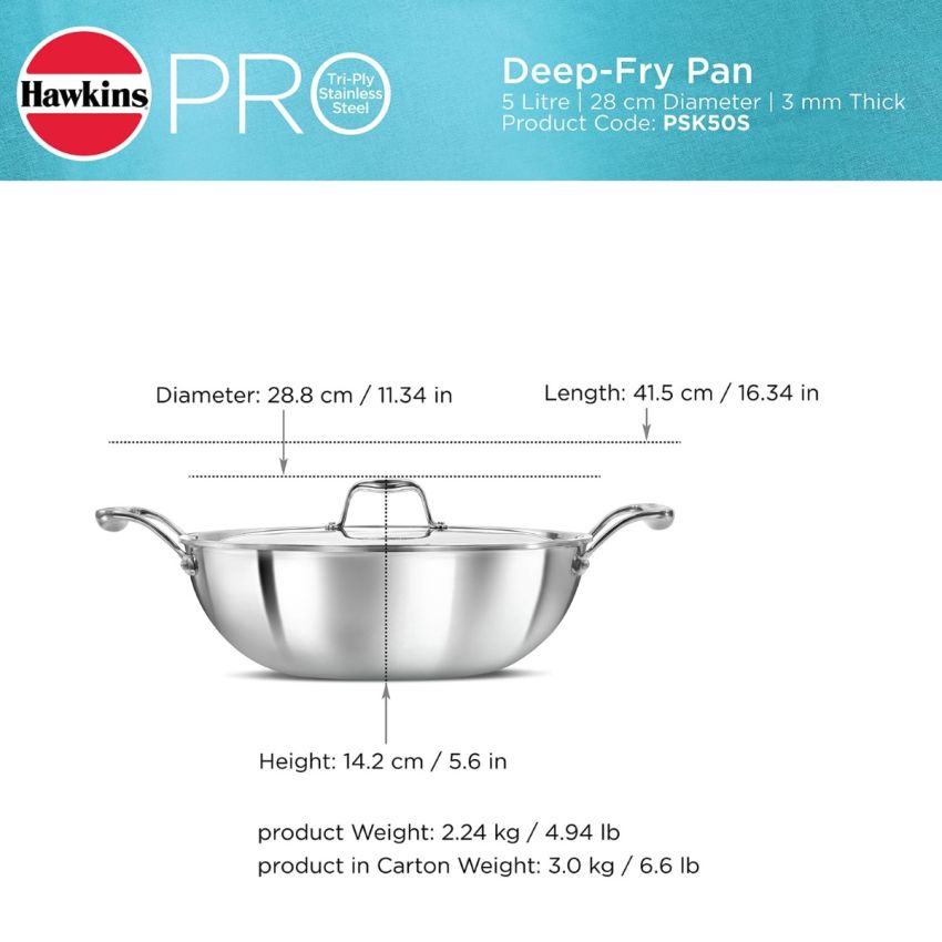 Hawkins Pro 5 Litre Deep-Fry Pan, Triply Stainless Steel Kadhai with Stainless Steel Handles and Stainless Steel Lid, Silver (PSK50S)