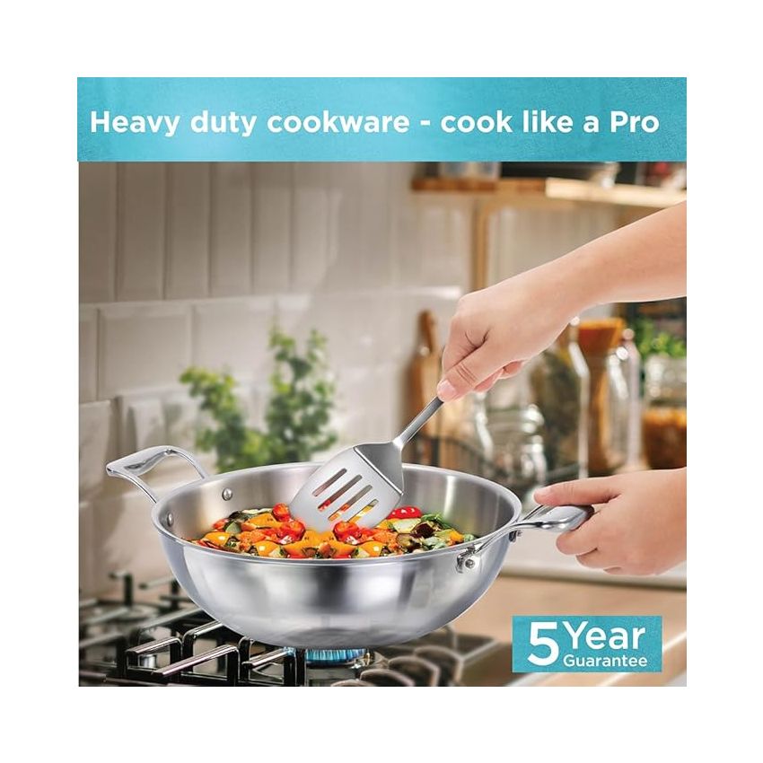 Hawkins Pro 5 Litre Deep-Fry Pan, Triply Stainless Steel Kadhai with Stainless Steel Handles and Stainless Steel Lid, Silver (PSK50S)