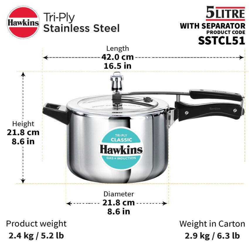 Hawkins Classic 5 Litre Tri-Ply Pressure Cooker with Separator, Triply Stainless Steel Inner Lid Cooker, Silver (SSTCL51)