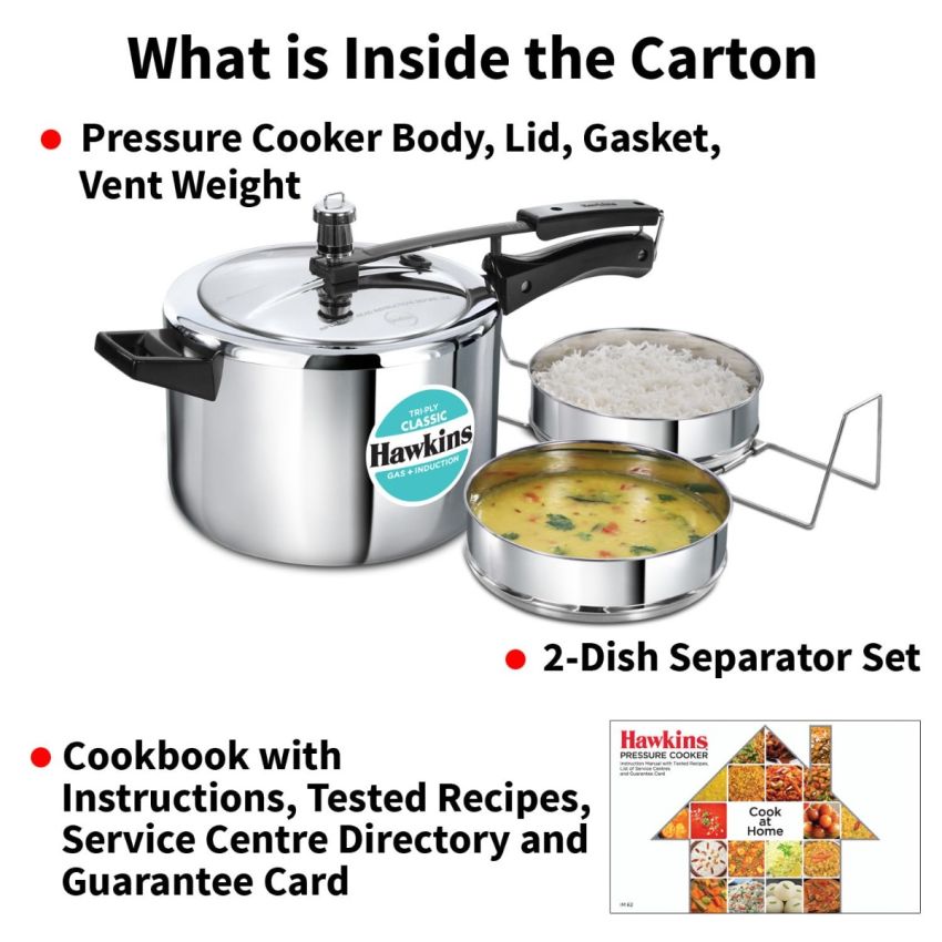 Hawkins Classic 5 Litre Tri-Ply Pressure Cooker with Separator, Triply Stainless Steel Inner Lid Cooker, Silver (SSTCL51)