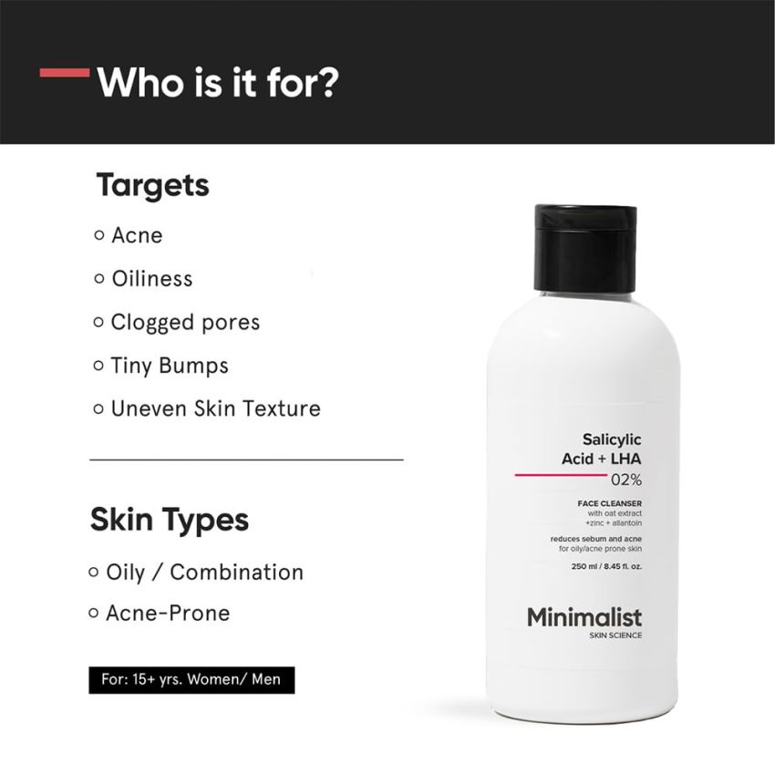 Minimalist Anti-Acne Salicylic Acid 2% Face Wash For Oily & Acne Prone Skin | With LHA for Pore Cleansing, Oil Control & Sebum Regulation | Sulfate-Free Formula with Zinc for Gentle Exfoliation | Cleanser for Women & Men | 250 ml