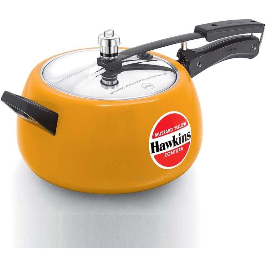 Hawkins Ceramic- Coated Contura 3L Mustard Yellow Aluminium Inner Lid Pressure Cooker - 3 Litre