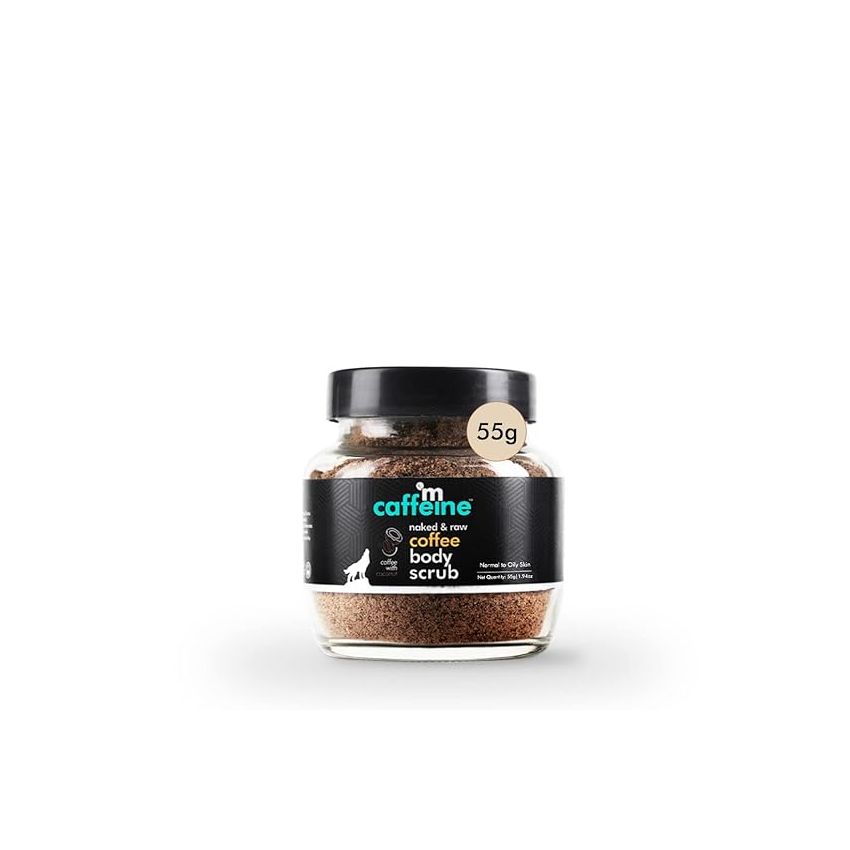 mCaffeine Exfoliating Coffee Body Scrub for Tan Removal & Soft-Smooth Skin | For Women & Men | De-Tan Bathing Scrub with Coconut Oil, Removes Dirt & Dead Skin from Neck, Knees, Elbows & Arms - 55gm