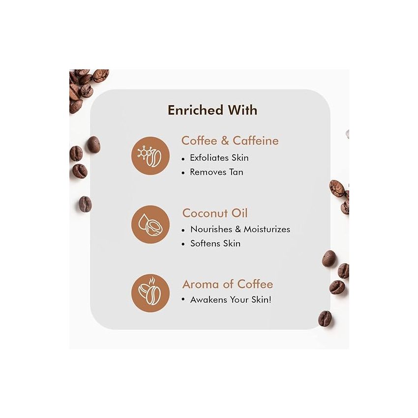 mCaffeine Exfoliating Coffee Body Scrub for Tan Removal & Soft-Smooth Skin | For Women & Men | De-Tan Bathing Scrub with Coconut Oil, Removes Dirt & Dead Skin from Neck, Knees, Elbows & Arms - 55gm