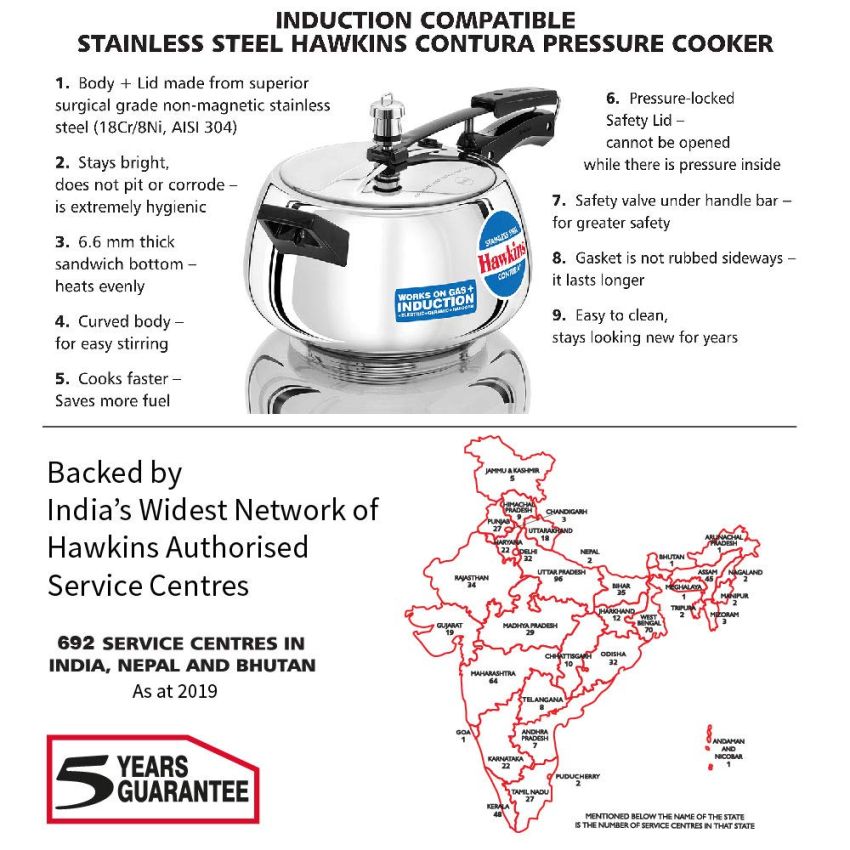 Hawkins 5 Litre Contura Pressure Cooker, Stainless Steel Inner Lid Cooker, Handi Cooker, Induction Cooker, Silver (SSC50)