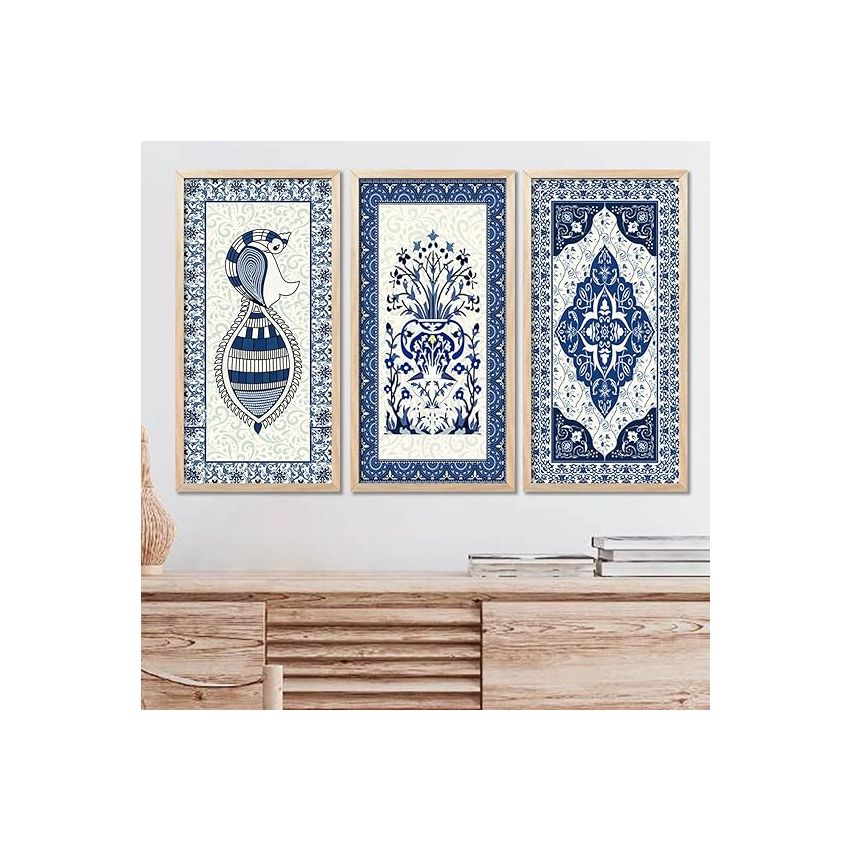 kotart Madhubani Art Wall Painting Traditional Home Decoration With Frame For Living Room Bed Room Hotel Wall Decor Digital Reprint Engineered Wood Set of 3 (Art 5, (10X19 inch), Framed)