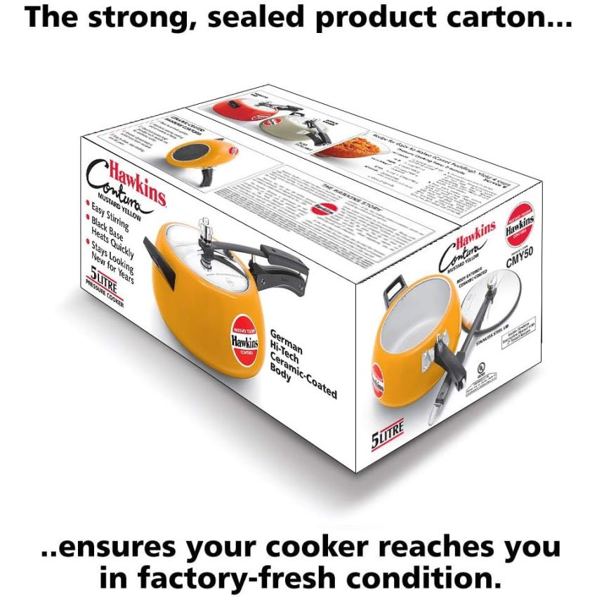 Hawkins Ceramic- Coated Contura 3L Mustard Yellow Aluminium Inner Lid Pressure Cooker - 3 Litre