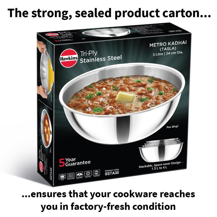 Hawkins 3 Litre Metro Kadhai, Triply Stainless Steel Induction Tasla, Silver (SSTA30)