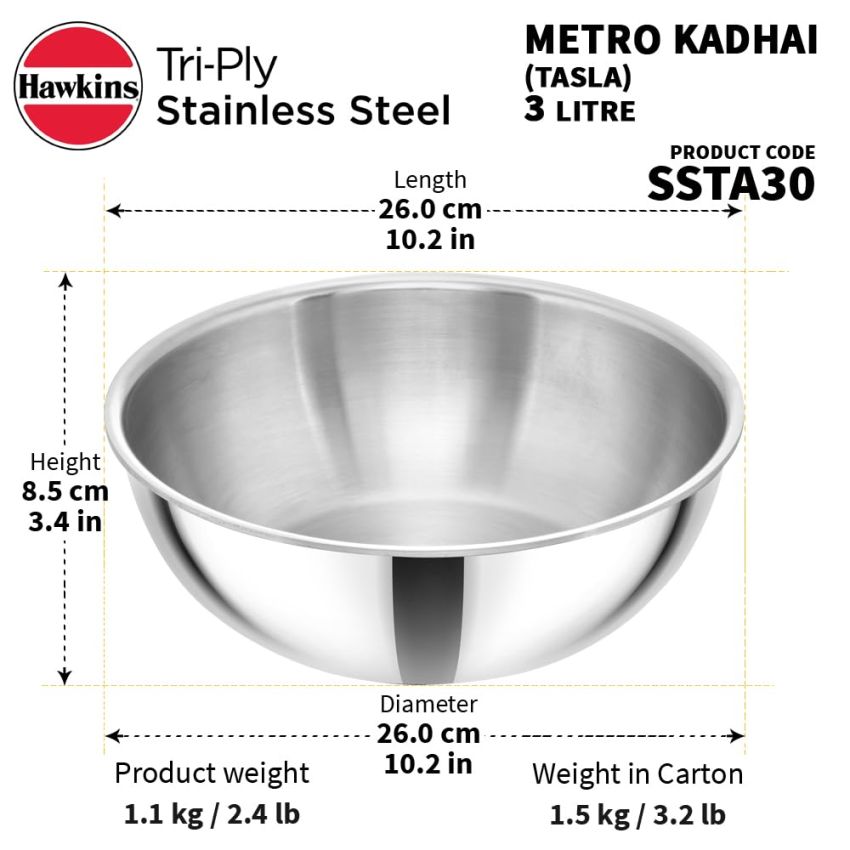 Hawkins 3 Litre Metro Kadhai, Triply Stainless Steel Induction Tasla, Silver (SSTA30)