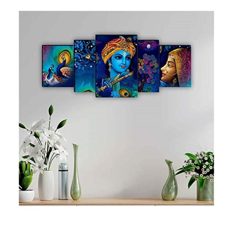 SAF Set of 5 Radha Krishna with couple peacock UV Textured Home Decorative Gift Item MDF Panel Painting 18 Inch X 42 Inch
