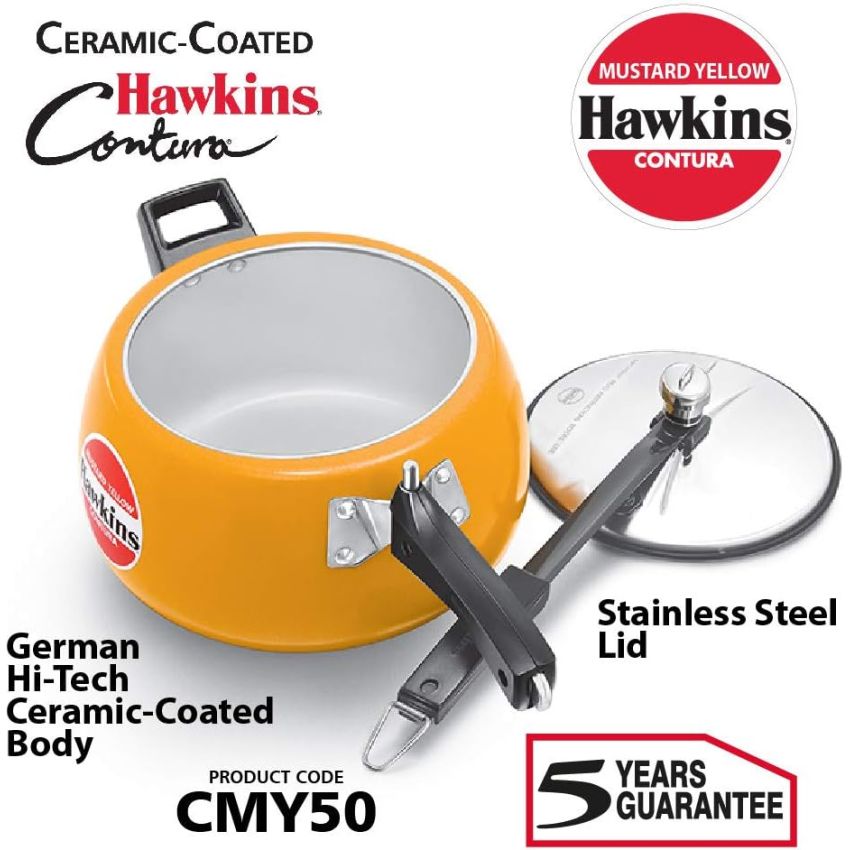 Hawkins Ceramic- Coated Contura 3L Mustard Yellow Aluminium Inner Lid Pressure Cooker - 3 Litre